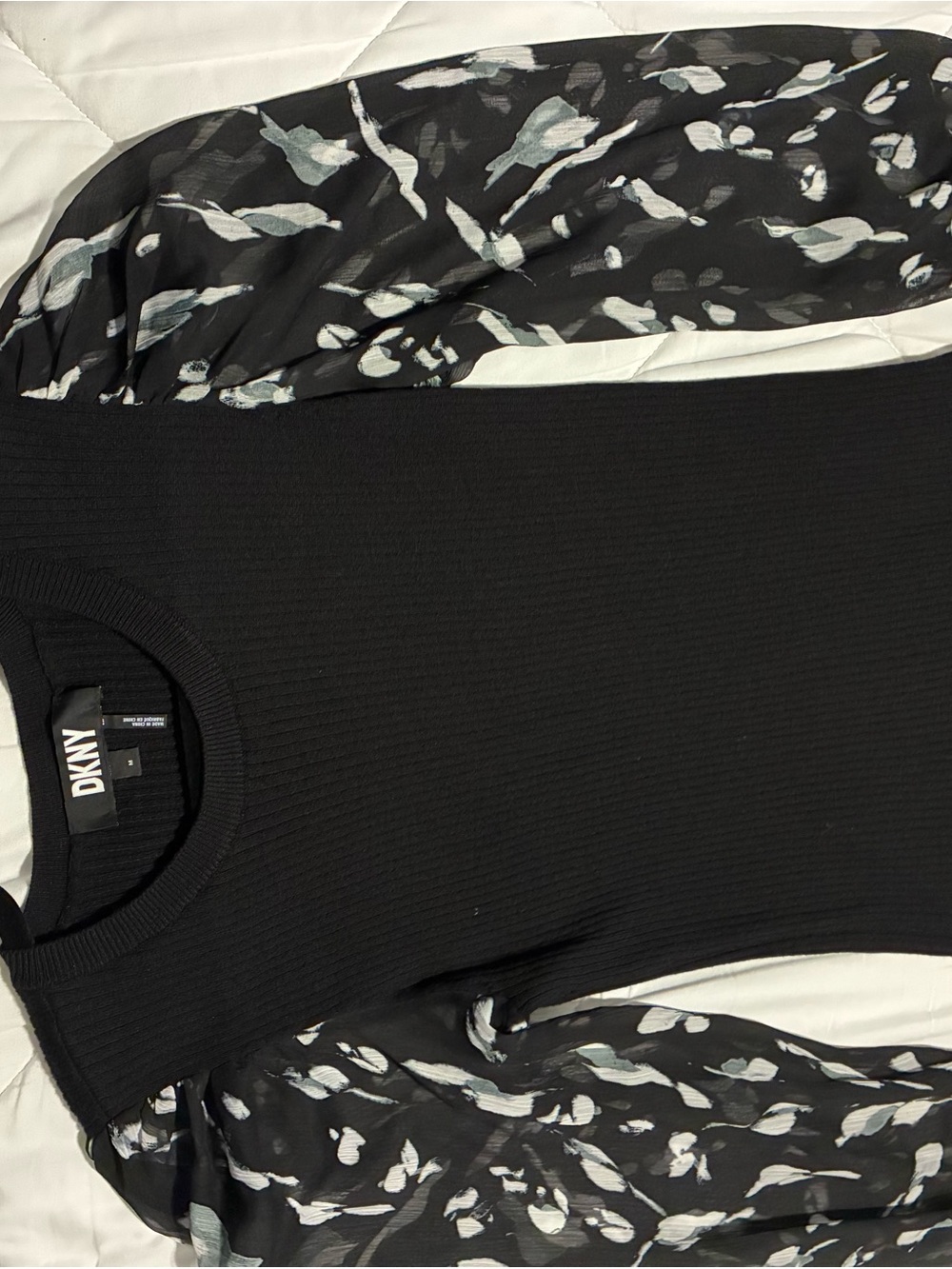 DKNY Black Ribbed Sweater with Printed Sheer Floral Sleeves